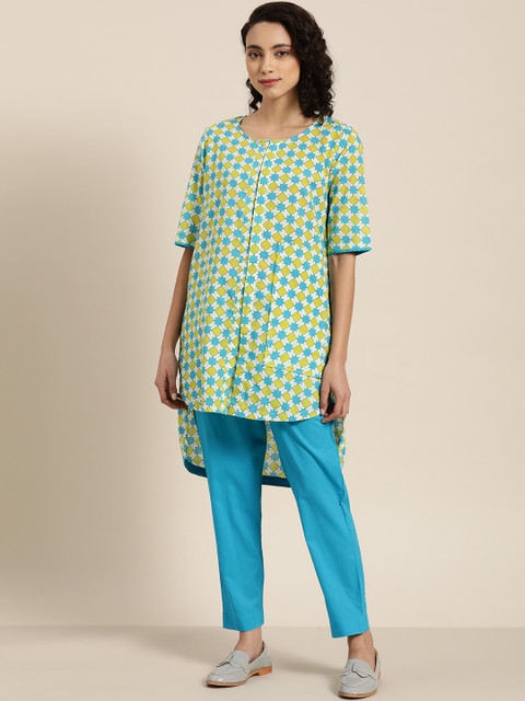 

Sangria Women Green & Blue Printed High-Low Pure Cotton Kurta with Trousers