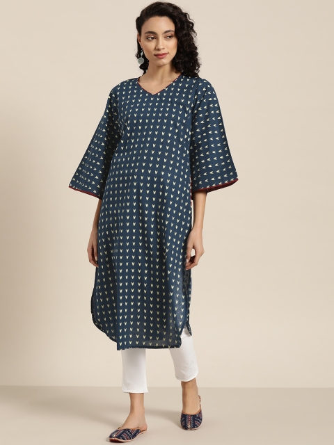 

Sangria Women Blue & Beige Pure Cotton Printed Straight Kurta