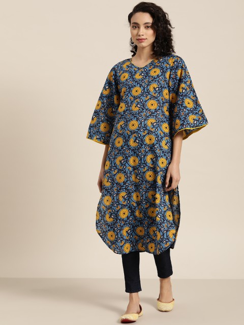 

Sangria Women Blue & Mustard Yellow Pure Cotton Floral Print Straight Kurta