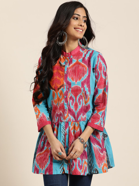 

Sangria Women Blue & Pink Printed Pure Cotton A-Line Top