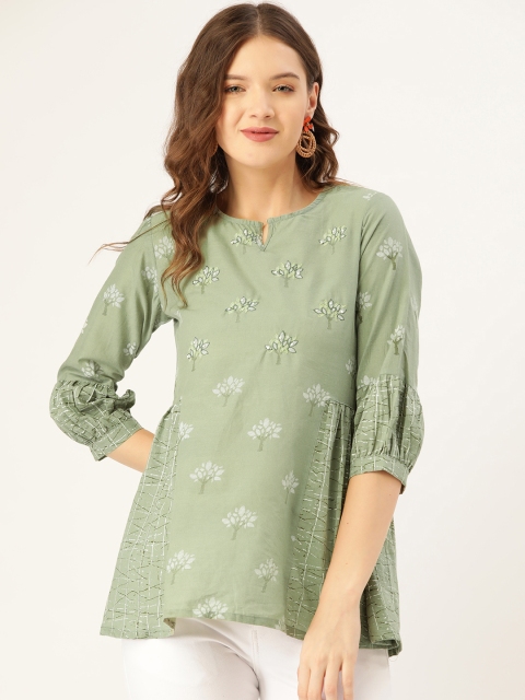 

Sangria Green Cotton Floral Embroidered A-Line Top
