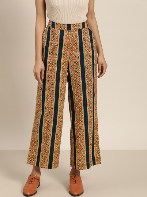 

Sangria Women Navy Blue & Mustard Yellow Pure Cotton Geometric Printed Straight Palazzos