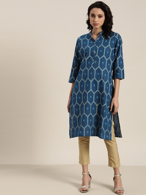 

Sangria Women Teal Blue & Golden Pure Cotton Printed Straight Kurta