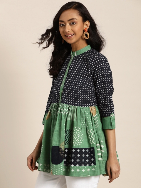 

Sangria Green & Navy Blue Printed A-Line Top
