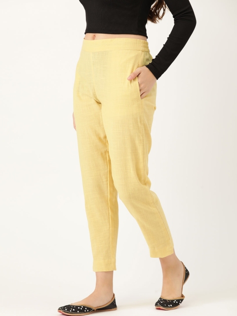 

Sangria Women Yellow Solid Cropped Pure Cotton Regular Trousers
