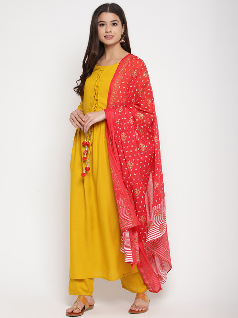

Prakhya Women Yellow Solid Kurta with Trousers & Dupatta