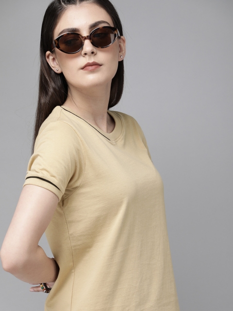 

The Roadster Lifestyle Co Women Beige Solid Round Neck T-shirt