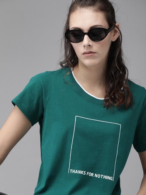 

Roadster Women Teal Printed Round Neck T-shirt