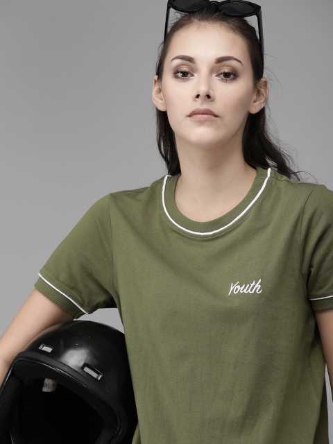 

Roadster Women Olive Green Printed Round Neck T-shirt