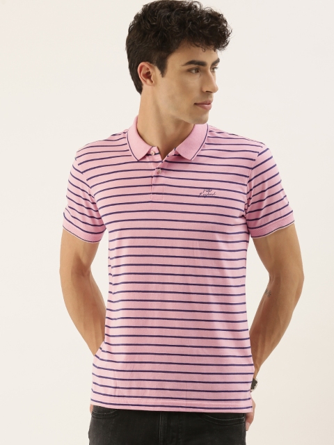 

Peter England Men Pink & Blue Striped Polo Collar T-shirt