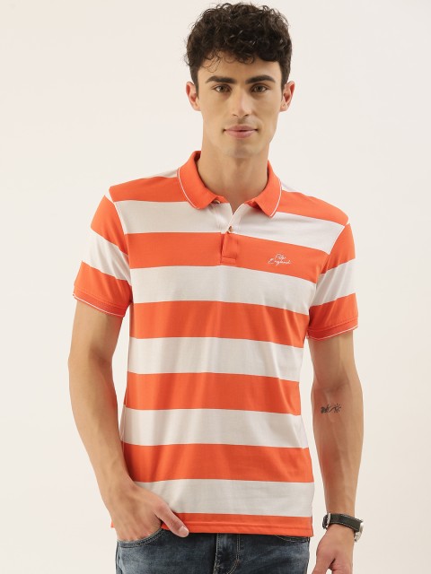 

Peter England Casuals Men Orange Striped Polo Collar T-shirt