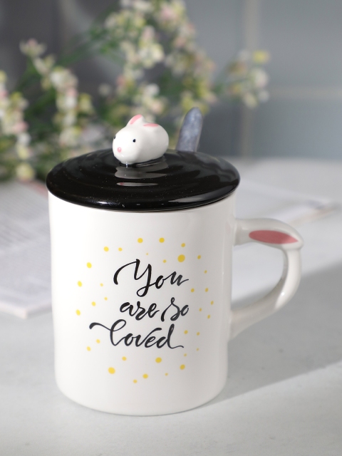 

YOYOSO Set of 2 White & Black Cartoon Cute Rabbit Ceramic Cups With Lid & Spoon