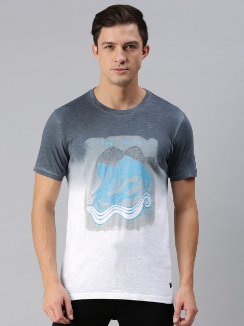 

SPYKAR Men Grey White Pure Cotton Dyed Slim Fit Pure Cotton T-shirt