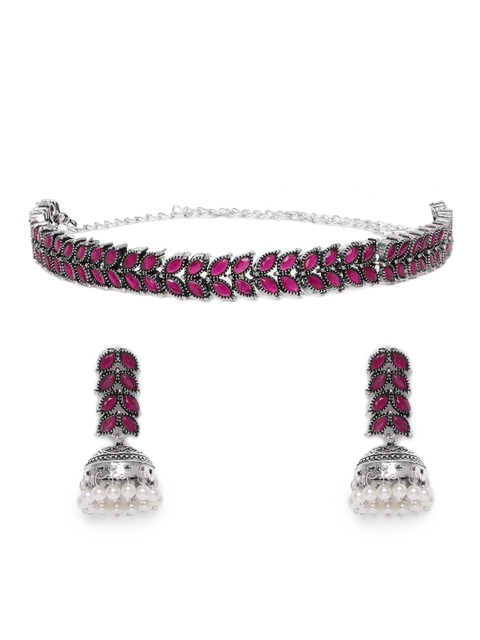 

VIDRUKARIH Pink Oxidised Silver-Plated Jewellery Set