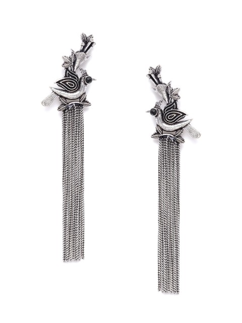 

VIDRUKARIH Oxidized Silver-Plated Tasselled Studded Bird Shaped Drop Earrings