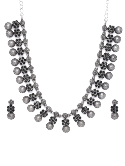 

VIDRUKARIH Oxidised Silver-Plated Black Stone Studded Jewellery Set