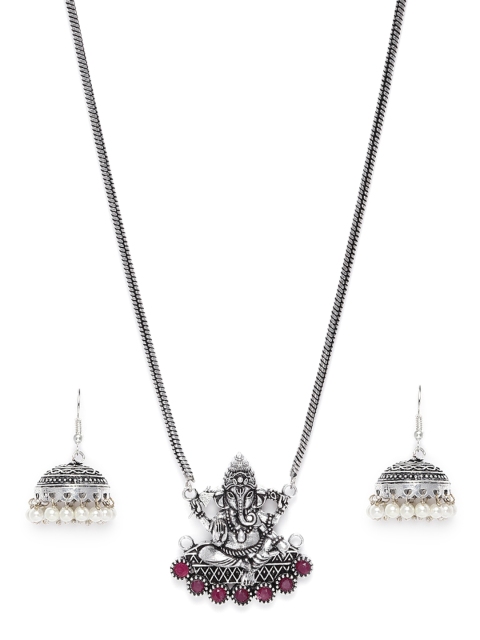 

VIDRUKARIH Oxidised Silver-Plated Red Stone & Beads Studded Jewellery Set