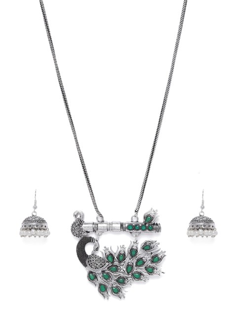 

VIDRUKARIH Green Silver-Plated Oxidized Jewellery Set