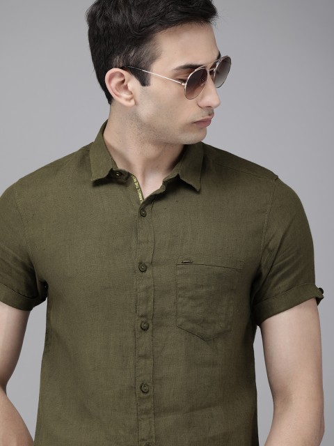 

SPYKAR Men Olive Green Slim Fit Solid Casual Linen Shirt