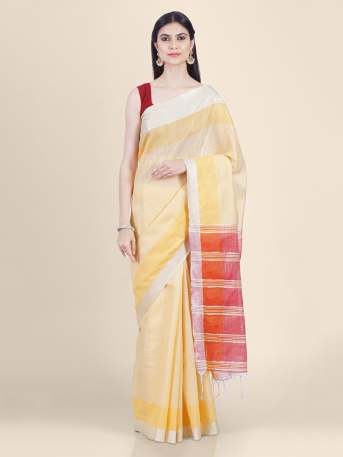 

Kasat Yellow & Orange Pure Linen Striped Handloom Saree