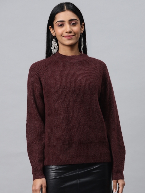 

Marks & Spencer Women Maroon Ribbed Pullover Sweater