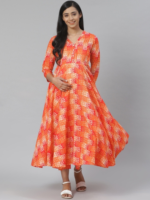 

anayna Women Orange & Cream-Coloured Printed Pure Cotton Maternity A-Line Dress