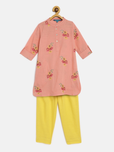 

Lil Peacock Girls Peach-Coloured & Yellow Embroidered Kurta with Salwar