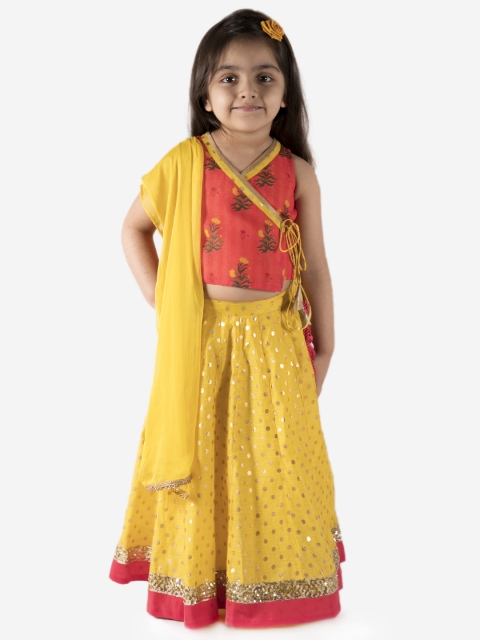 

Lil Peacock Girls Red & Yellow Printed Ready to Wear Lehenga & Blouse with Dupatta