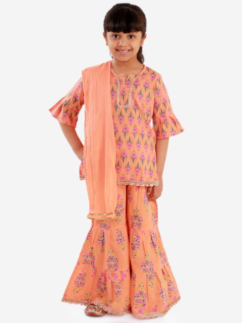 

Lil Peacock Girls Coral Orange & Pink Printed Kurti with Sharara & Dupatta