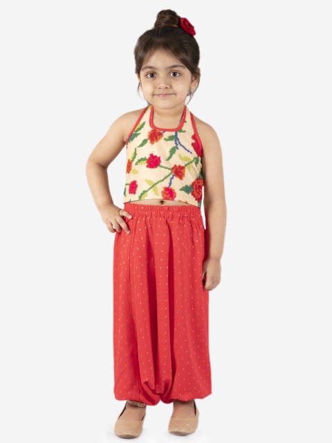 

Lil Peacock Girls Beige & Coral Orange Embroidered Top with Harem Pants