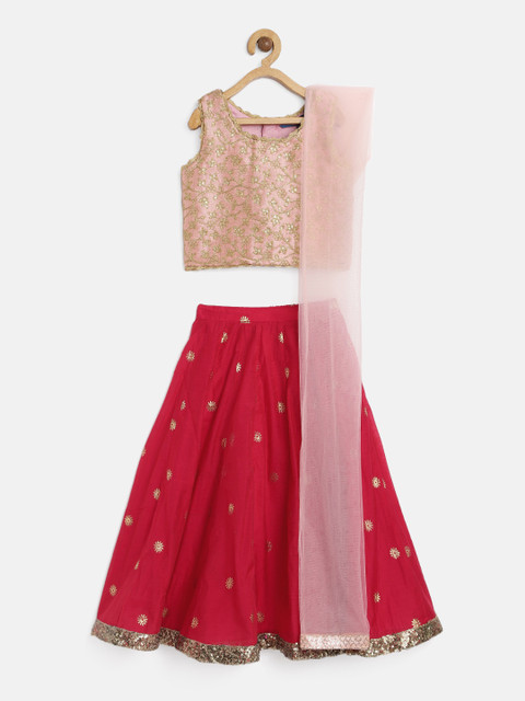 

Lil Peacock Girls Peach-Coloured & Red Embroidered Ready to Wear Lehenga & Blouse with Dupatta