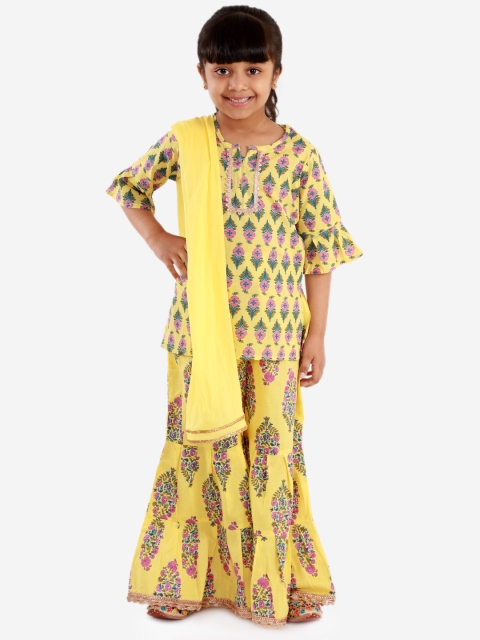 

Lil Peacock Girls Yellow & Pink Printed Kurti with Sharara & Dupatta