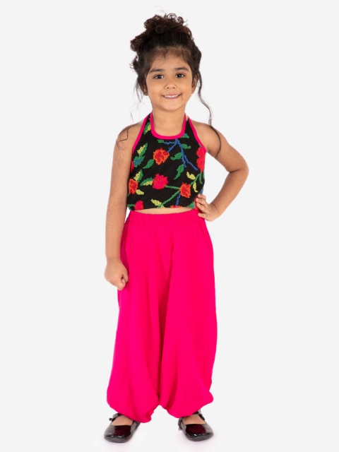 

Lil Peacock Girls Black & Fuchsia Pink Embroidered Top with Harem Pants