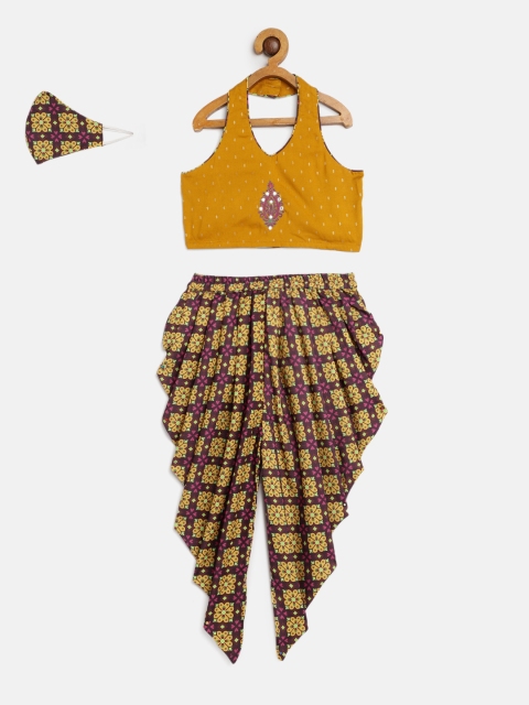 

Lil Peacock Girls Brown & Yellow Printed Top with Dhoti Pants & Outdoor Mask