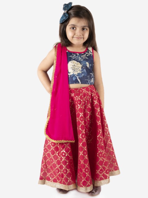

Lil Peacock Girls Navy Blue & Red Printed Ready to Wear Lehenga & Blouse with Dupatta