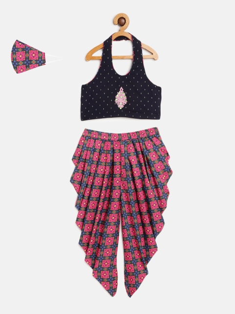 

Lil Peacock Girls Navy Blue & Pink Printed Top with Dhoti Pants & Outdoor Mask
