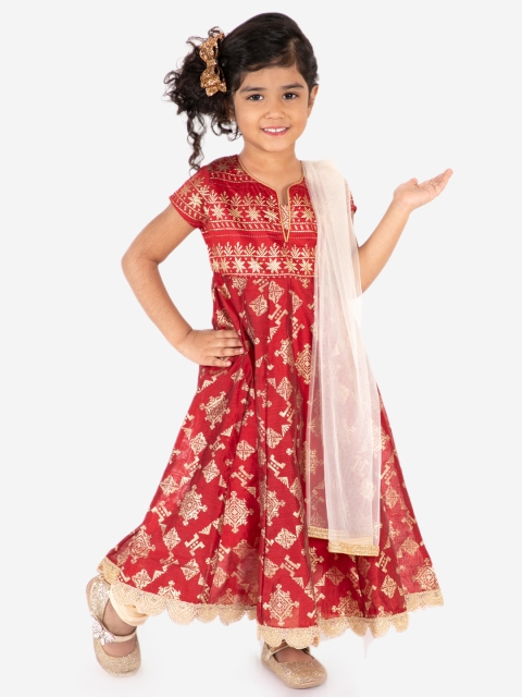 

Lil Peacock Girls Maroon & Gold-Toned Printed Kurta with Beige Churidar & Dupatta