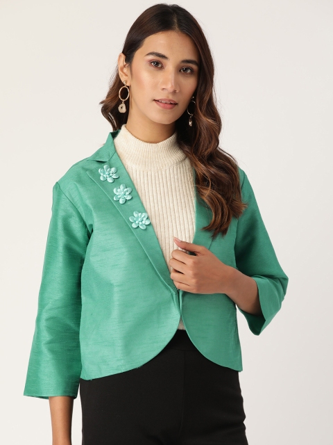 

Cottinfab Women Green Floral Applique Detail Lightweight Open Front Jacket