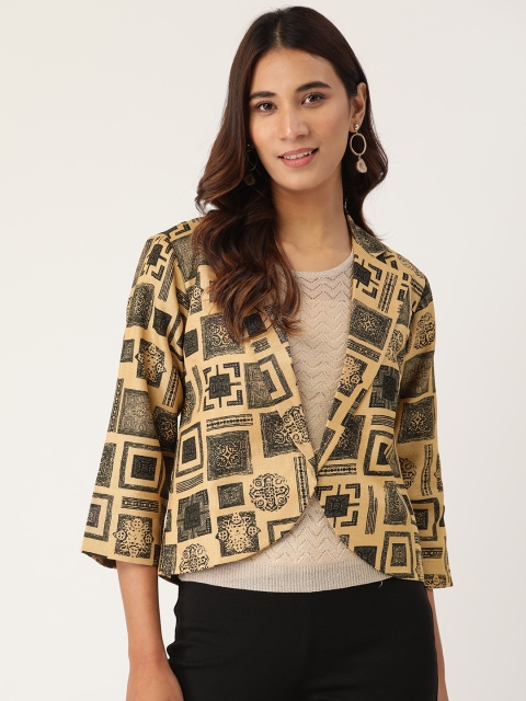 

Cottinfab Women Beige & Black Printed Lightweight Open Front Jacket