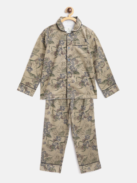 

Cherry Crumble Boys Khaki & Green Floral Printed Pure Cotton Night suit