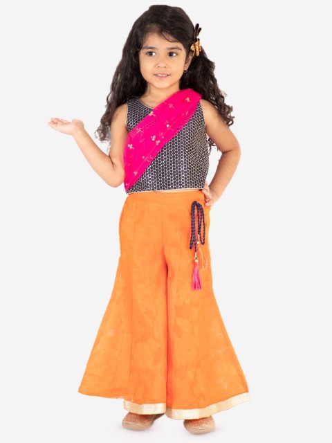 

Lil Peacock Girls Navy Blue & Orange Embellished Crop Top with Palazzos
