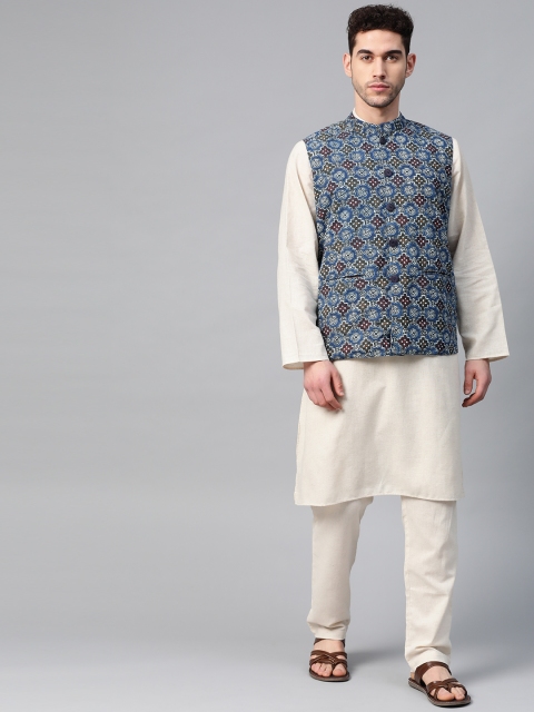 

Shree Men Off-White & Blue Pure Cotton Solid Kurta & Pyjamas with Printed Jacket