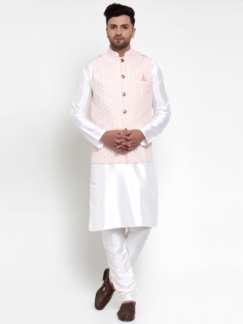 

Jompers Men White & Pink Solid Kurta with Churidar & Nehru Jacket