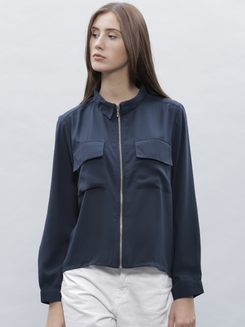 

ether Women Navy Zip Front Top, Navy blue
