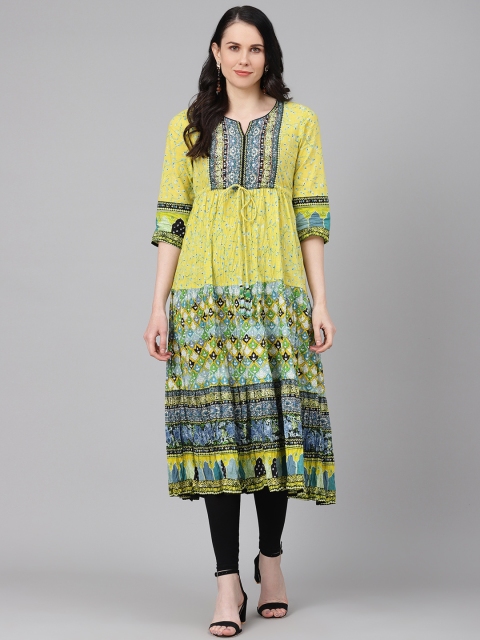 

Rain & Rainbow Women Yellow Printed Pure Cotton Crinkled Garment Tiered A-Line Kurta