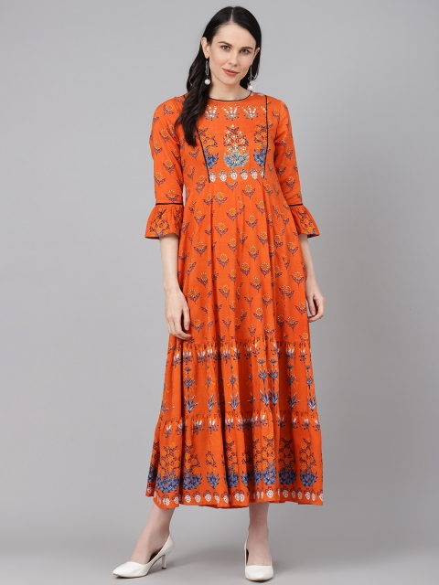 

Rain & Rainbow Women Orange & Blue Printed Tiered Maxi Dress