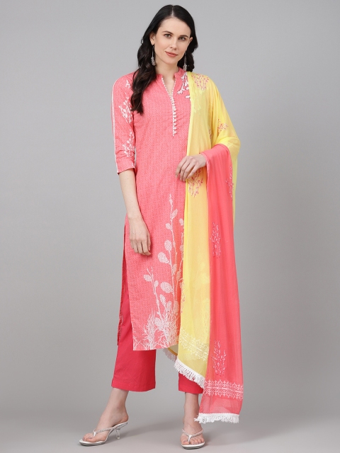 

Rain & Rainbow Women Pink & Off-White Floral Print Kurta with Trousers & Dupatta