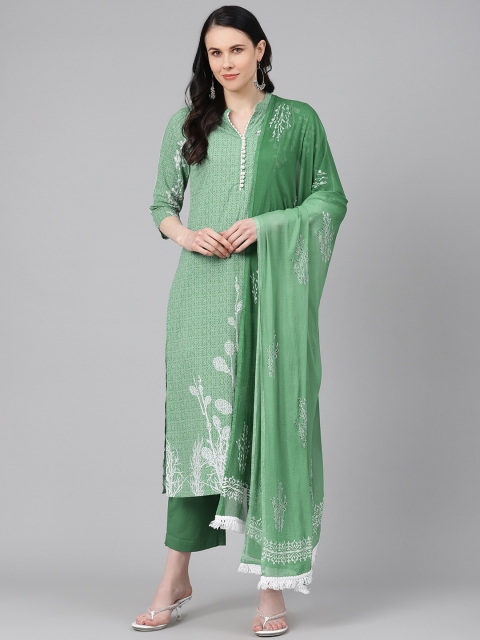 

Rain & Rainbow Women Green & Off-White Floral Print Kurta with Trousers & Dupatta