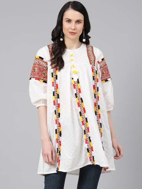 

Rain & Rainbow Women White & Maroon Printed Pure Cotton Tunic