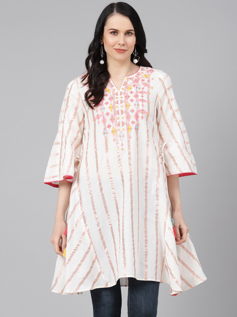 

Rain & Rainbow Women White & Pink Striped Pure Cotton Tunic